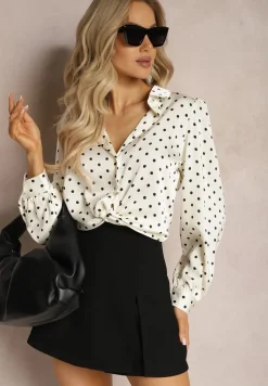 Jasnobeżowa Koszula w Kropki z Długimi Rękawami i Kołnierzykiem Alisate