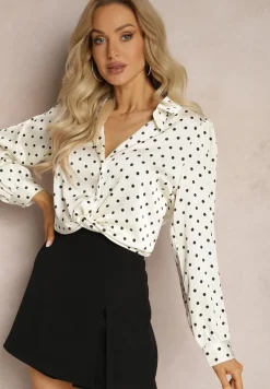 Jasnobeżowa Koszula w Kropki z Długimi Rękawami i Kołnierzykiem Alisate