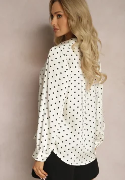 Jasnobeżowa Koszula w Kropki z Długimi Rękawami i Kołnierzykiem Alisate