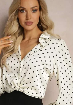 Jasnobeżowa Koszula w Kropki z Długimi Rękawami i Kołnierzykiem Alisate