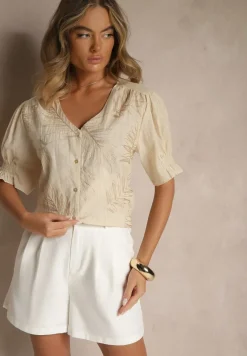 Jasnobeżowa Koszula z Bawełny Ozdobiona Haftem i Srebrną Nicią Wilaravia