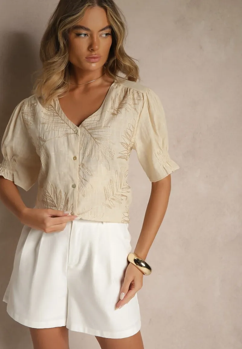 Jasnobeżowa Koszula z Bawełny Ozdobiona Haftem i Srebrną Nicią Wilaravia