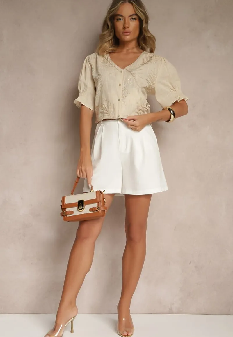 Jasnobeżowa Koszula z Bawełny Ozdobiona Haftem i Srebrną Nicią Wilaravia