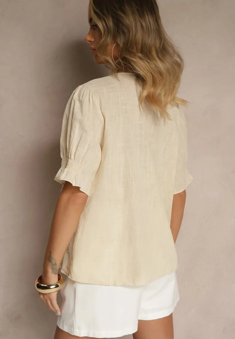 Jasnobeżowa Koszula z Bawełny Ozdobiona Haftem i Srebrną Nicią Wilaravia