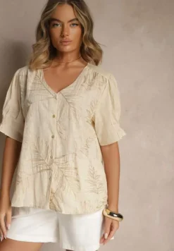 Jasnobeżowa Koszula z Bawełny Ozdobiona Haftem i Srebrną Nicią Wilaravia