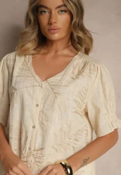 Jasnobeżowa Koszula z Bawełny Ozdobiona Haftem i Srebrną Nicią Wilaravia