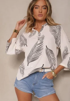 Jasnobeżowa Koszula z Bawełną i Motywem Liści Lumireline