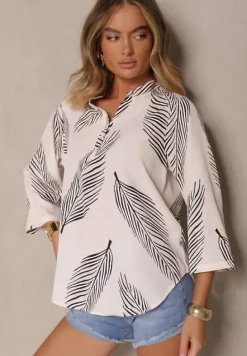 Jasnobeżowa Koszula z Bawełną i Motywem Liści Lumireline