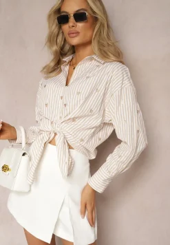 Jasnobeżowa Koszula z Bawełny w Paski z Wyhaftowanymi Serduszkami Aleriesa