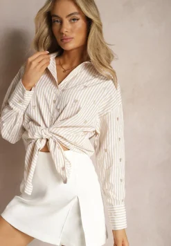 Jasnobeżowa Koszula z Bawełny w Paski z Wyhaftowanymi Serduszkami Aleriesa