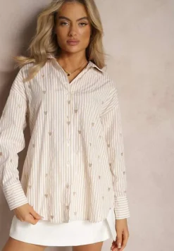 Jasnobeżowa Koszula z Bawełny w Paski z Wyhaftowanymi Serduszkami Aleriesa