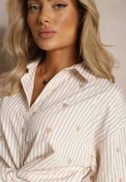 Jasnobeżowa Koszula z Bawełny w Paski z Wyhaftowanymi Serduszkami Aleriesa