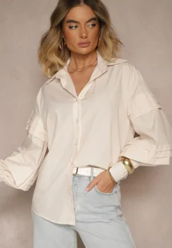 Jasnobeżowa Koszula z Bawełną i Szerokimi Rękawami Edioniela
