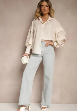 Jasnobeżowa Koszula z Bawełną i Szerokimi Rękawami Edioniela
