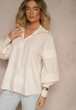 Jasnobeżowa Koszula z Bawełną i Szerokimi Rękawami Edioniela