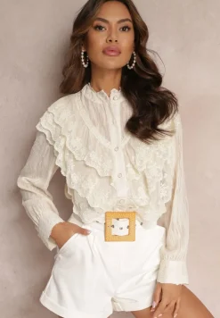 Jasnobeżowa Koszula z Błyszczącą Nitką i Haftowanymi Wstawkami Daizee