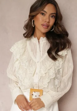 Jasnobeżowa Koszula z Błyszczącą Nitką i Haftowanymi Wstawkami Daizee