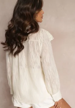 Jasnobeżowa Koszula z Błyszczącą Nitką i Haftowanymi Wstawkami Daizee