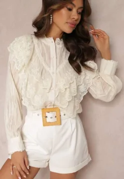 Jasnobeżowa Koszula z Błyszczącą Nitką i Haftowanymi Wstawkami Daizee