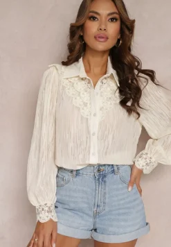 Jasnobeżowa Koszula z Metaliczną Nitką i Koronką Knikkar
