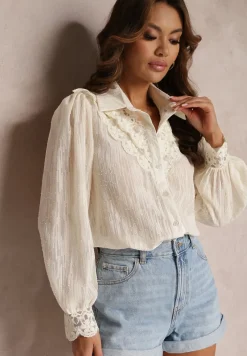 Jasnobeżowa Koszula z Metaliczną Nitką i Koronką Knikkar