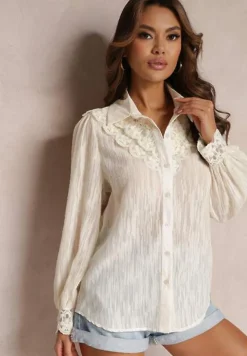 Jasnobeżowa Koszula z Metaliczną Nitką i Koronką Knikkar