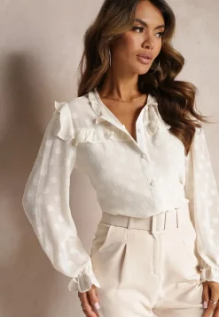 Jasnobeżowa Koszula z Ozdobnymi Mankietami i Dekoltem Kerra