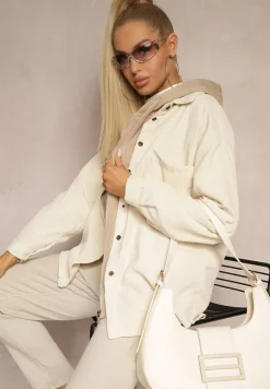 Jasnobeżowa Koszula ze Sztruksu z Dodatkiem Bawełny Zapinana na Guziki Tarinia