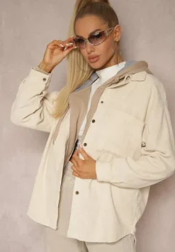 Jasnobeżowa Koszula ze Sztruksu z Dodatkiem Bawełny Zapinana na Guziki Tarinia