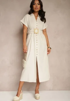 Jasnobeżowa Koszulowa Sukienka z Bawełny na Krótki Rękaw z Materiałowym Paskiem Celirna