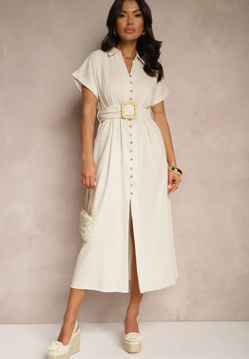 Jasnobeżowa Koszulowa Sukienka z Bawełny na Krótki Rękaw z Materiałowym Paskiem Celirna