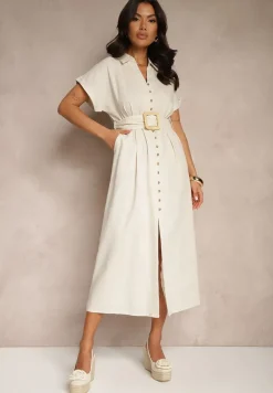 Jasnobeżowa Koszulowa Sukienka z Bawełny na Krótki Rękaw z Materiałowym Paskiem Celirna