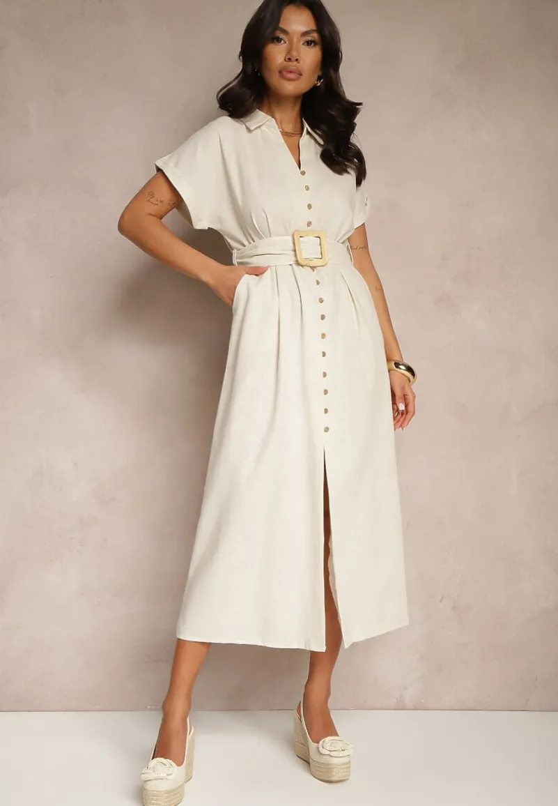 Jasnobeżowa Koszulowa Sukienka z Bawełny na Krótki Rękaw z Materiałowym Paskiem Celirna