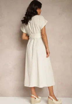 Jasnobeżowa Koszulowa Sukienka z Bawełny na Krótki Rękaw z Materiałowym Paskiem Celirna