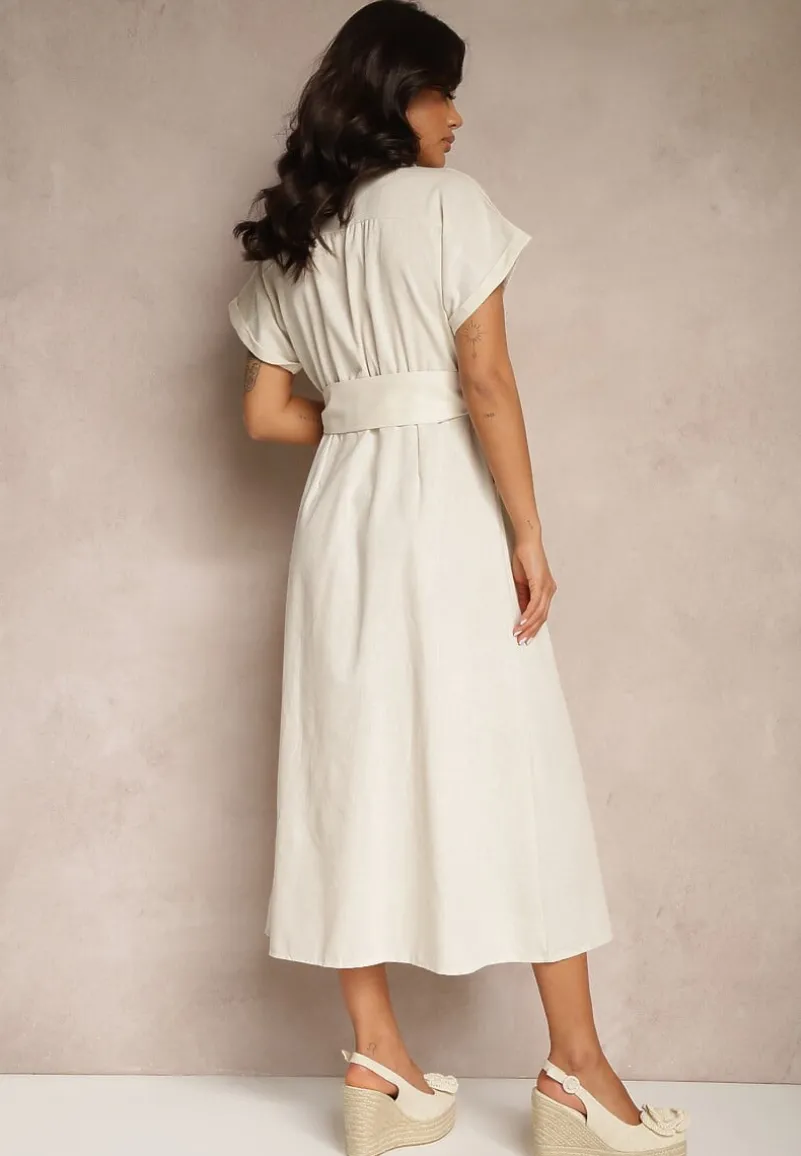 Jasnobeżowa Koszulowa Sukienka z Bawełny na Krótki Rękaw z Materiałowym Paskiem Celirna