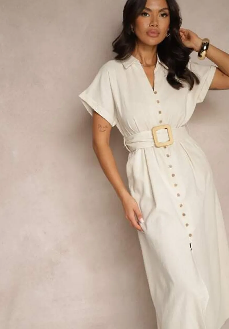 Jasnobeżowa Koszulowa Sukienka z Bawełny na Krótki Rękaw z Materiałowym Paskiem Celirna