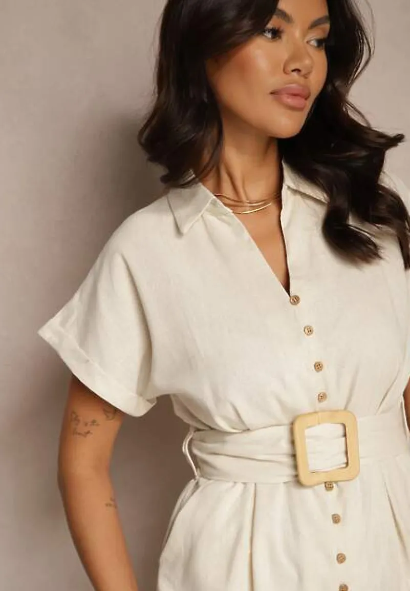 Jasnobeżowa Koszulowa Sukienka z Bawełny na Krótki Rękaw z Materiałowym Paskiem Celirna