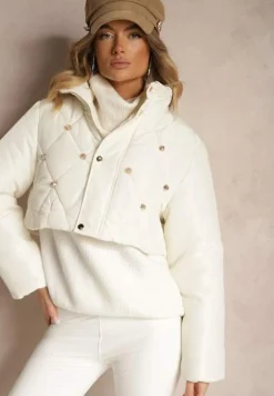 Jasnobeżowa Krótka Kurtka Puffer ze Stójką i Pikowanymi Przeszyciami Ozdobiona Napami Zinovira