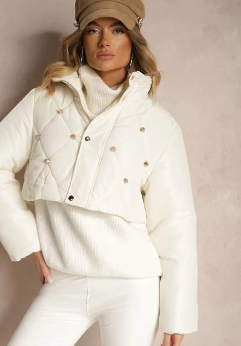 Jasnobeżowa Krótka Kurtka Puffer ze Stójką i Pikowanymi Przeszyciami Ozdobiona Napami Zinovira