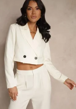 Jasnobeżowa Krótka Marynarka z Poduszkami w Ramionach Eclinta