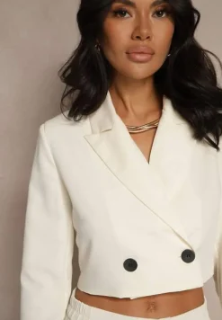 Jasnobeżowa Krótka Marynarka z Poduszkami w Ramionach Eclinta