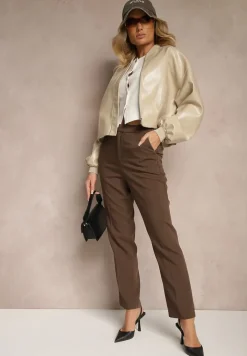 Jasnobeżowa Kurtka Bomberka z Wiskozą z Imitacji Skóry Erivessa