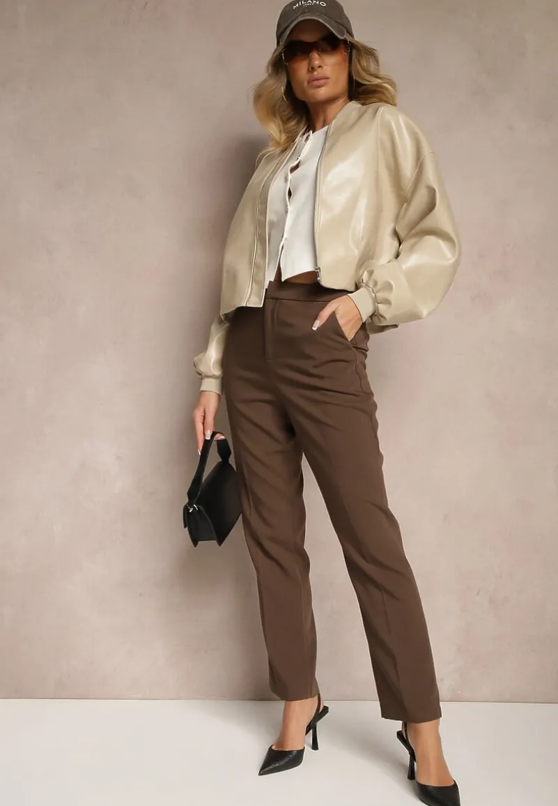 Jasnobeżowa Kurtka Bomberka z Wiskozą z Imitacji Skóry Erivessa