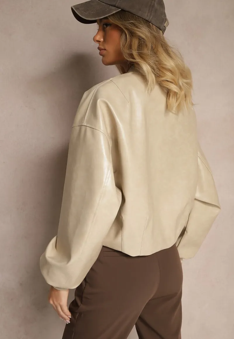 Jasnobeżowa Kurtka Bomberka z Wiskozą z Imitacji Skóry Erivessa