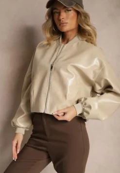 Jasnobeżowa Kurtka Bomberka z Wiskozą z Imitacji Skóry Erivessa