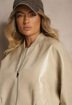 Jasnobeżowa Kurtka Bomberka z Wiskozą z Imitacji Skóry Erivessa