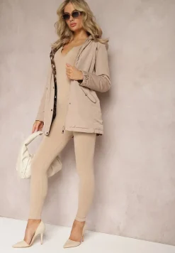 Jasnobeżowa Kurtka Dwustronna z Kapturem i Sznurkiem w Talii Divinza