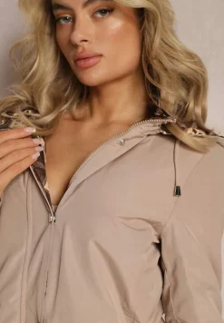 Jasnobeżowa Kurtka Dwustronna z Kapturem i Sznurkiem w Talii Divinza