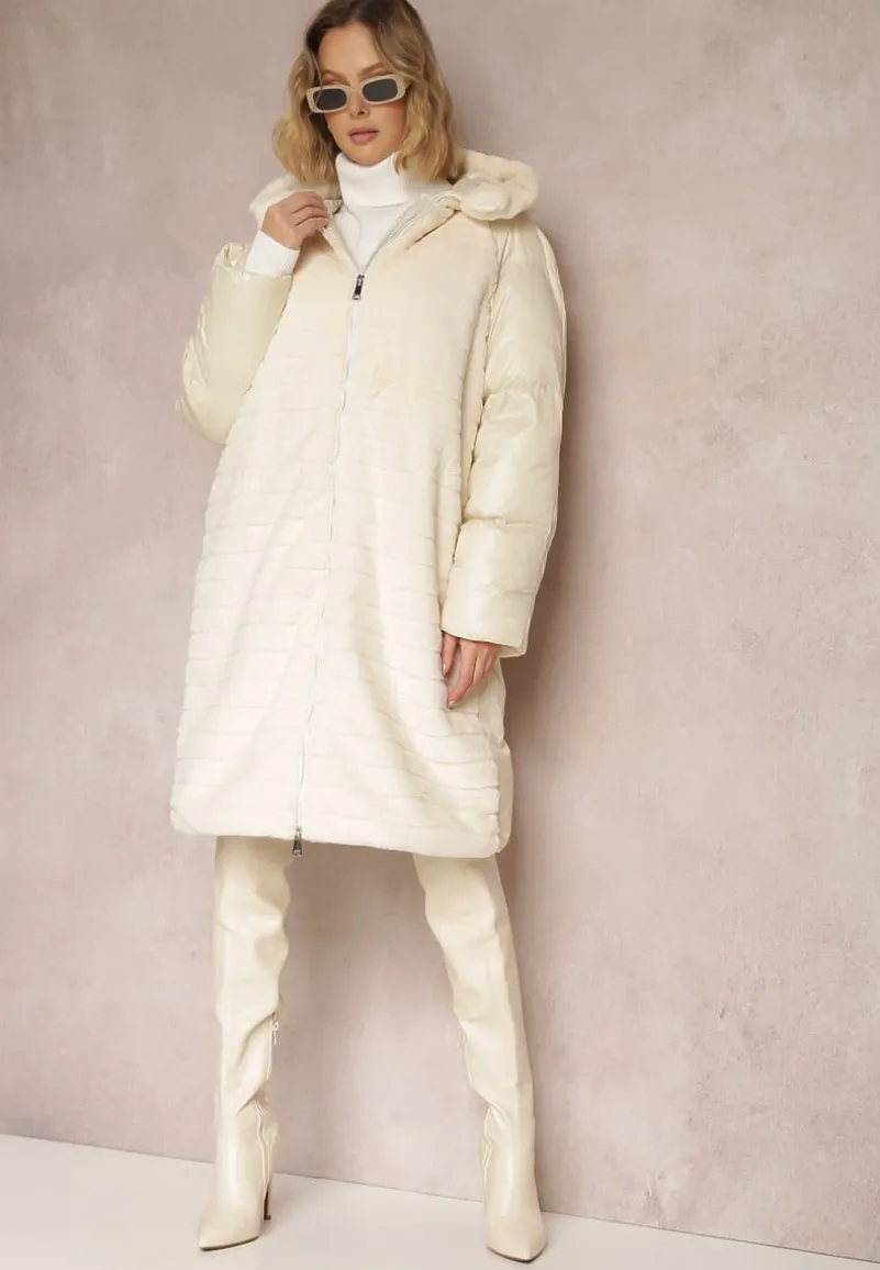 Jasnobeżowa Kurtka Futerko Pikowana z Kapturem Alysa
