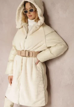 Jasnobeżowa Kurtka Futerko Pikowana z Kapturem Alysa